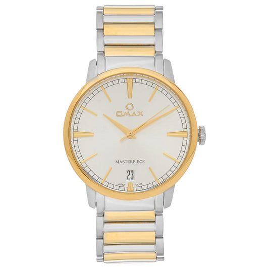 Omax Masterpiece Men’s Watch, White Dial, Date Display, Two Tone Stainless Steel Band, Water Resistant