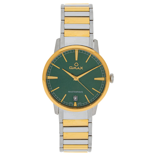 Omax Masterpiece Men’s Watch, Green Dial, Date Display, Two Tone Stainless Steel Band, Water Resistant