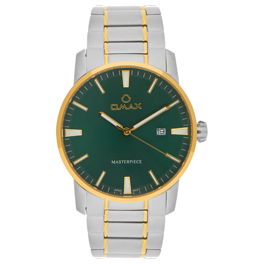 Omax Masterpiece Men’s Watch, Rich Teal Dial, Date Display, Stainless Steel Band, Water Resistant, Everyday Wear