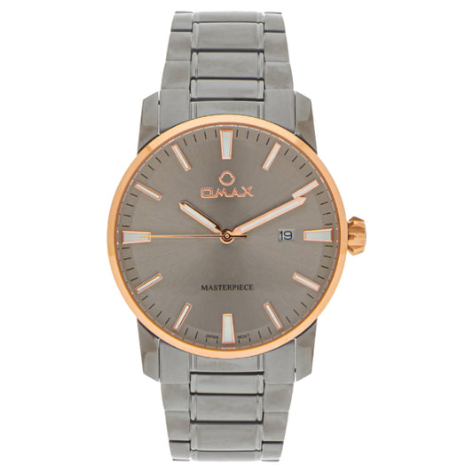 Omax Masterpiece Men’s Watch, Brown Dial, Date Display, Grey Stainless Steel Band, Water Resistant, Everyday Wear