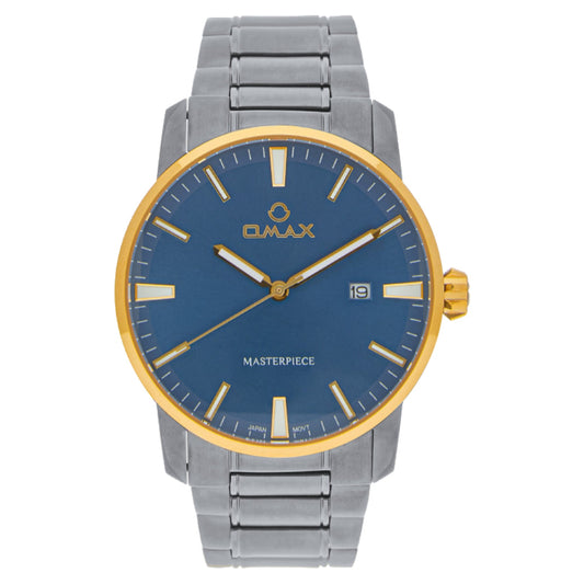 Omax Masterpiece Men’s Watch, Blue Dial, Date Display, Grey Stainless Steel Band, Water Resistant, Everyday Wear
