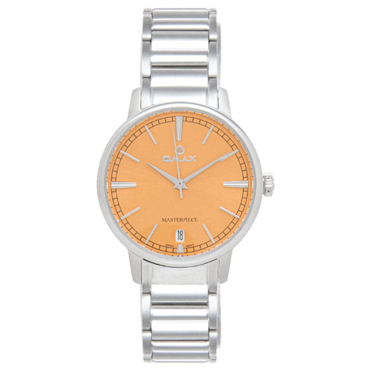 Omax Masterpiece Women’s Watch, Orange Dial, Date Display, Stainless Steel Band, Water Resistant, Everyday Wear