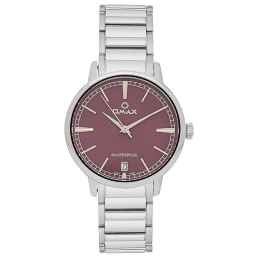 Omax Masterpiece Women’s Watch, Maroon Dial, Date Display, Stainless Steel Band, Water Resistant, Everyday Wear