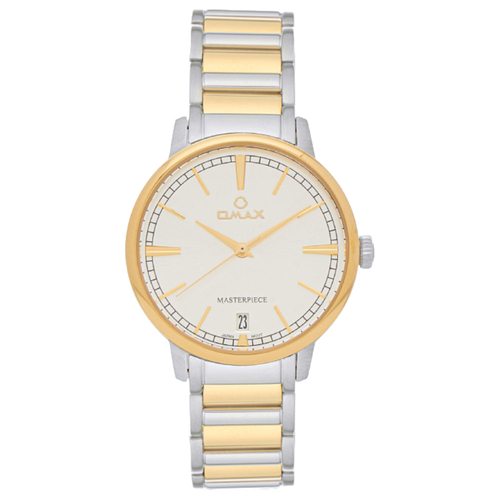 Omax Masterpiece Women’s Watch, White Dial, Gold Bezel, Date Display, Stainless Steel Band, Water Resistant