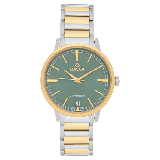 Omax Masterpiece Women’s Watch, Green Dial, Gold Bezel, Date Display, Stainless Steel Band, Water Resistant