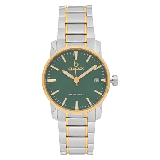 Omax Dual Tone Masterpiece Women’s Watch, Green Dial, Date Display, Stainless Steel Band, Water Resistant
