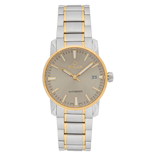 Omax Dual Tone Masterpiece Women’s Watch, Gold Dial, Date Display, Stainless Steel Band, Water Resistant