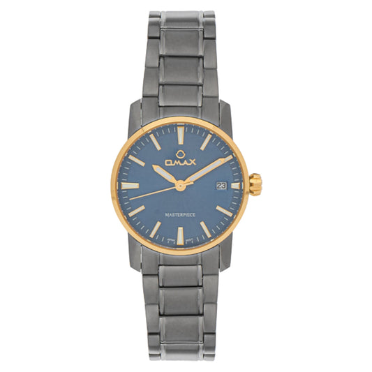 Omax Masterpiece Women’s Watch, Blue Dial, Gold Bezel, Date Display, Stainless Steel Band, Water Resistant
