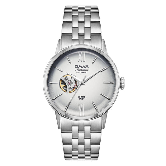 Omax Silver Masterpiece Automatic Men's Watch, Grey Dial, Elegant Design, Stainless Steel, Waterproof