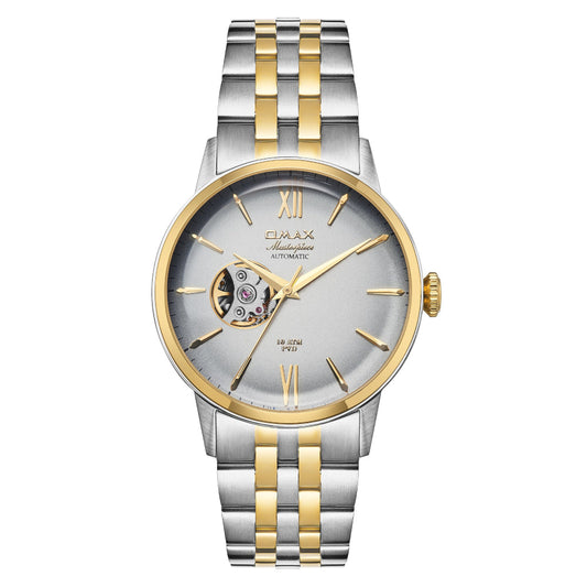 Omax Dual Tone Masterpiece Automatic Men's Watch, Grey Dial, Elegant Design, Stainless Steel, Waterproof