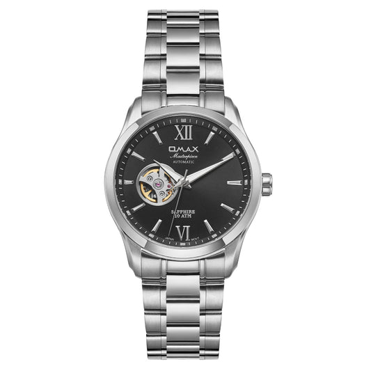 Omax Silver Masterpiece Automatic Men's Watch, Black Dial, Elegant Design, Stainless Steel, Waterproof