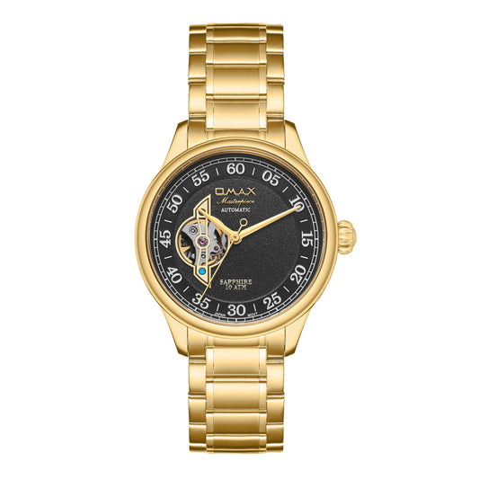 Omax Gold Masterpiece Automatic Men's Watch, Black Roman Number Dial, Elegant Design, Stainless Steel, Waterproof