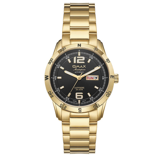 Omax Gold Masterpiece Men’s Automatic Watch, Black Dial, Stainless Steel, Sapphire Crystal, Day-Date, Waterproof