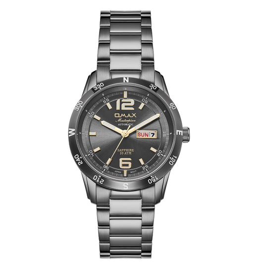 Omax Grey Masterpiece Men’s Automatic Watch, Black Dial, Stainless Steel, Sapphire Crystal, Day-Date, Waterproof