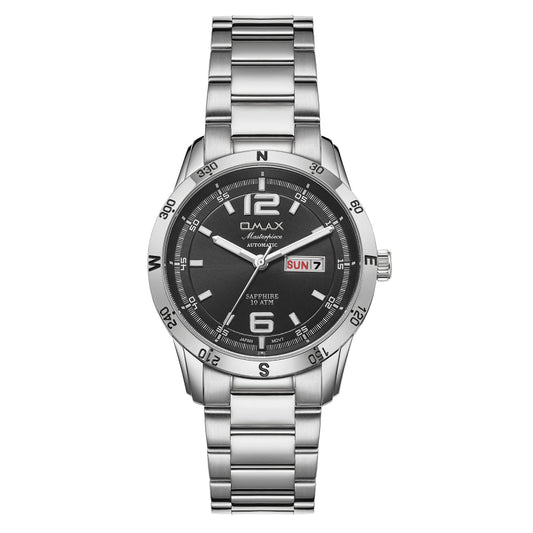 Omax Masterpiece Men’s Automatic Watch, Black Dial, Stainless Steel, Sapphire Crystal, Day-Date, Waterproof