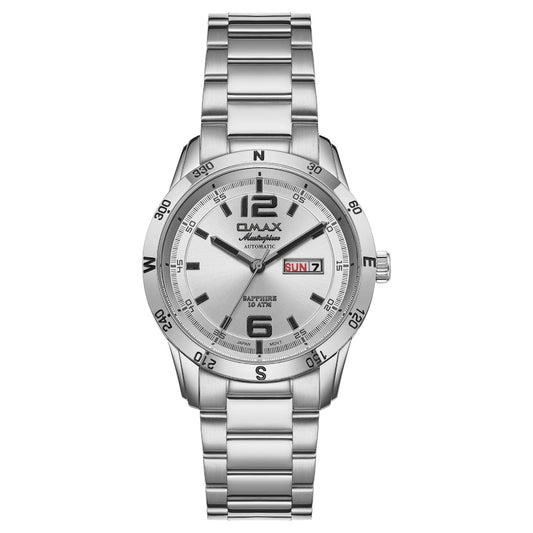 Omax Masterpiece Men’s Automatic Watch, Silver Dial, Stainless Steel, Sapphire Crystal, Day-Date, Waterproof