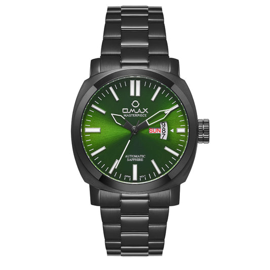 Omax Masterpiece Men’s Automatic Watch, Green Dial, Black Stainless Steel, Day-Date, Waterproof