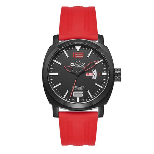 Omax Masterpiece Men’s Automatic Watch, Red Dial With Black Bezel, Silicon Rubber Band, Day-Date, Waterproof