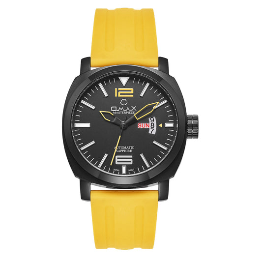 Omax Masterpiece Men’s Automatic Watch, Black Dial, Yellow Silicon Rubber Band, Day-Date, Waterproof