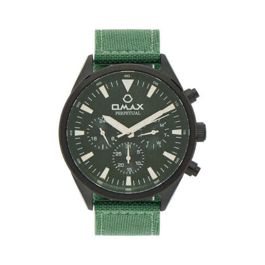 Omax Perpetual Men's Watch, Black Dial, Green Band, Chronograph Style, Water Proof