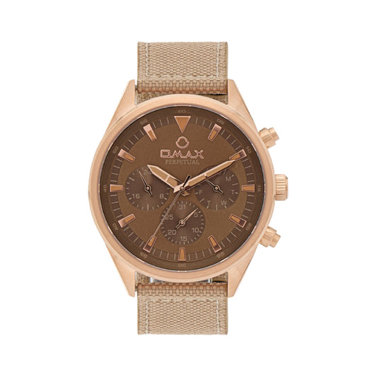 Omax Perpetual Men's Watch, Brown Dial, Gold Band, Chronograph Style, Water Proof