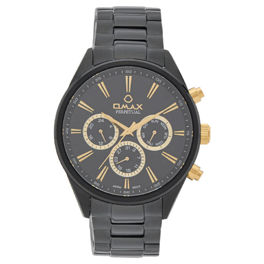 Omax Perpetual Men's Watch, Black Round Dial, Black Stainless Steel, Chronograph Style, Water Proof