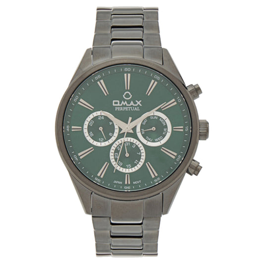 Omax Perpetual Men's Watch, Green Round Dial, Black Stainless Steel, Chronograph Style, Water Proof