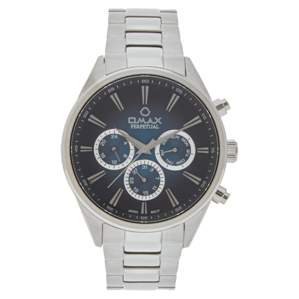 Omax Perpetual Men's Watch, Midnight Black Round Dial, Sapphire Stainless Steel, Chronograph Style, Water Proof