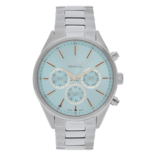 Omax Perpetual Men's Watch, Greenish Blue Round Dial, Sapphire Stainless Steel, Chronograph Style, Water Proof