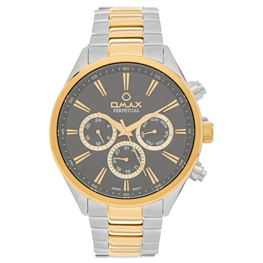 Omax Perpetual Dual Tone Men's Watch, Black Round Dial, Silver Stainless Steel, Chronograph Style, Water Proof