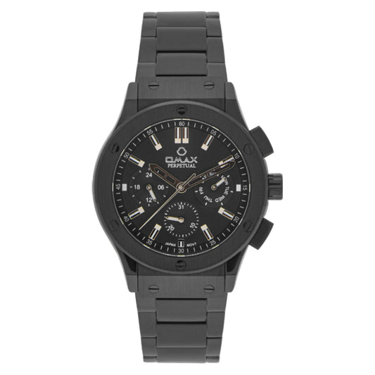 Omax Perpetual Men's Watch, Dual Tone Round Dial, Black Stainless Steel, Chronograph Style, Water Proof