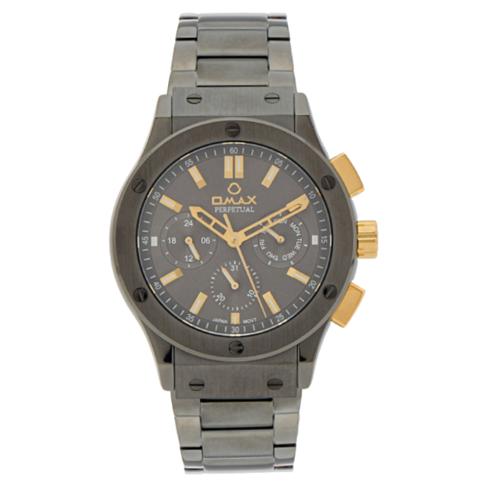 Omax Perpetual Men's Watch, Dual Tone Dial, Black Stainless Steel, Chronograph Style, Water Proof