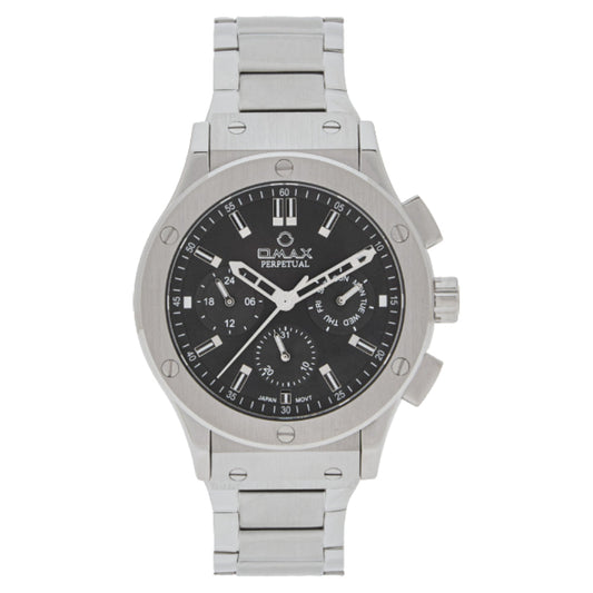 Omax Perpetual Men's Watch, Black Dial, Silver Stainless Steel, Chronograph Style, Water Proof