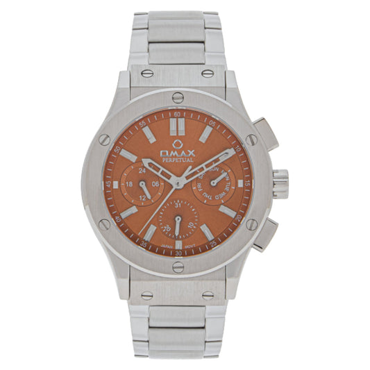 Omax Perpetual Men's Watch, Brown Dial, Silver Stainless Steel, Chronograph Style, Water Proof
