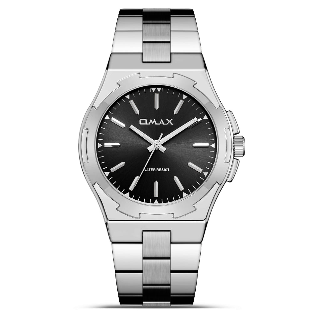 Omax Two-Tone Men's Watch, Black Dial, Silver Accents Stainless Steel, Water Resistant