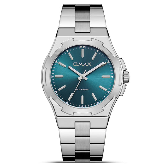 Omax Two-Tone Men's Watch, Deep Teal Dial, Silver Accents Stainless Steel, Water Resistant