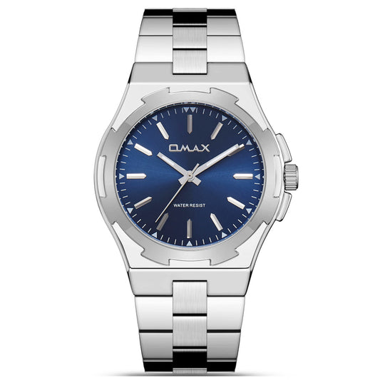 Omax Two-Tone Men's Watch, Navy Blue Dial, Silver Accents Stainless Steel, Water Resistant