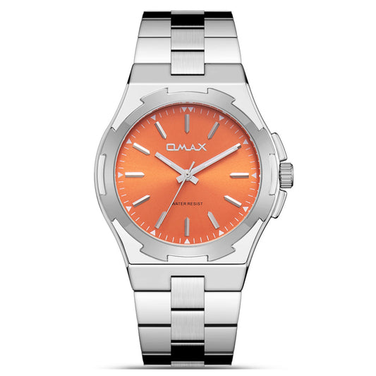 Omax Two-Tone Men's Watch, Orange Dial, Silver Accents Stainless Steel, Water Resistant