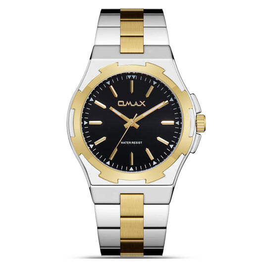 Omax Men’s Watch, Black Dial With Gold Bezel, Two-Tone Stainless Steel Band, Water Resistant