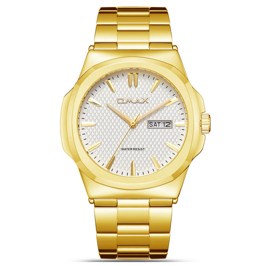 Omax Men’s Watch, White Textured Dial, Gold Stainless Steel Band, Day-Date Display, Water Resistant