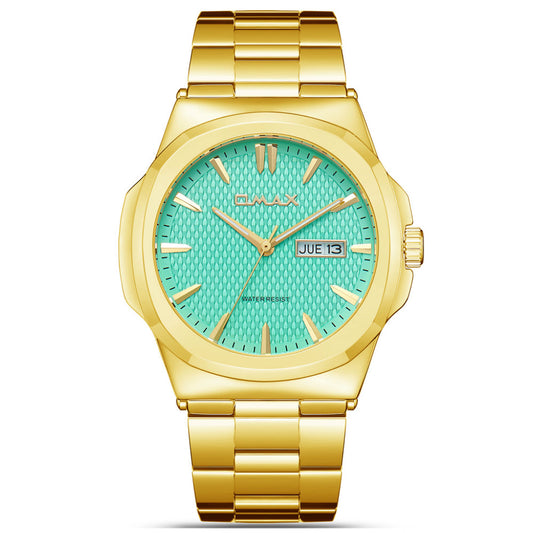 Omax Men’s Watch, Aqua Textured Dial, Gold Stainless Steel Band, Day-Date Display, Water Resistant