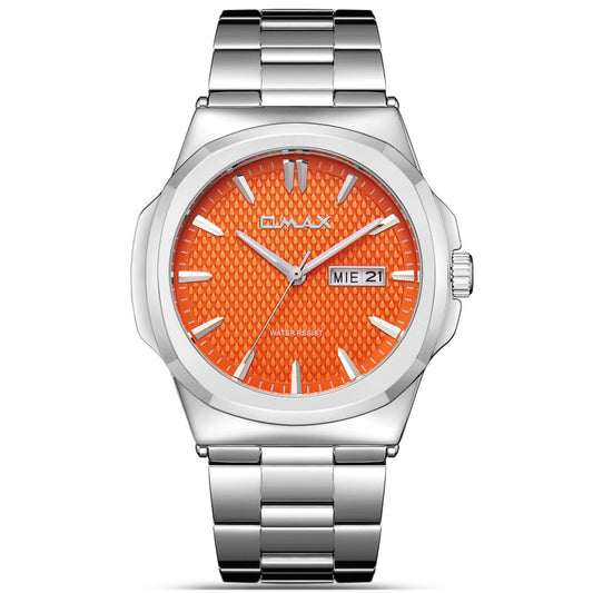 Omax Men’s Watch, Orange Textured Dial, Silver Stainless Steel Band, Day-Date Display, Water Resistant