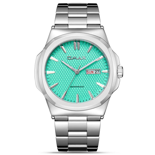Omax Men’s Watch, Aqua Textured Dial, Silver Stainless Steel Band, Day-Date Display, Water Resistant