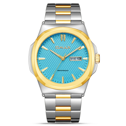 Omax Men’s Watch, Aqua Textured Dial, Gold Bezel, Stainless Steel Band, Day-Date Display, Water Resistant