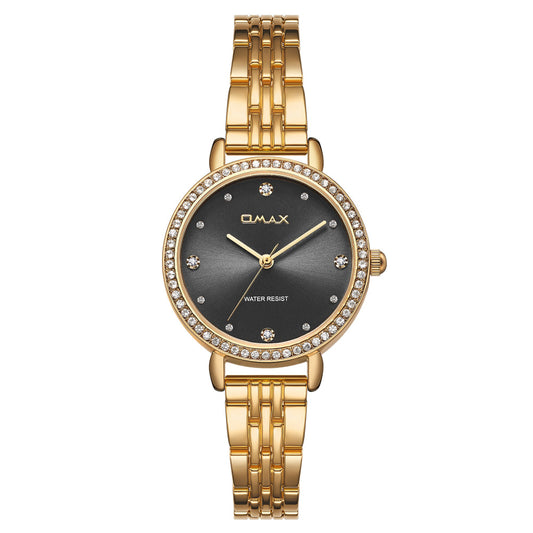 Omax Women’s Watch, Black Dial With Crystal Bezel, Gold Stainless Steel Band, Water Resistant