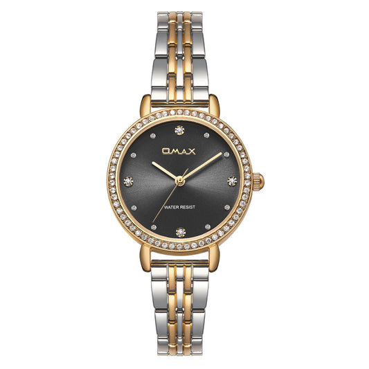 Omax Women’s Watch, Black Dial With Crystal Bezel, Silver Gold Stainless Steel Band, Water Resistant