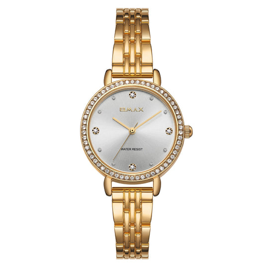 Omax Women’s Watch, White Dial With Crystal Bezel, Silver Gold Stainless Steel Band, Water Resistant