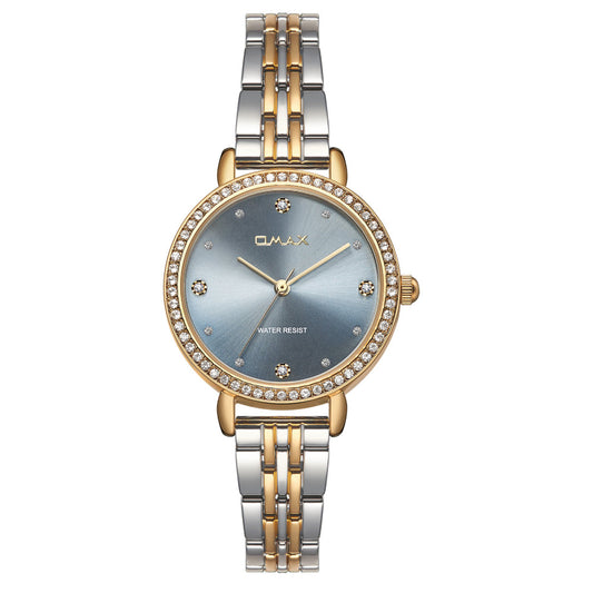 Omax Women’s Watch, Grey Dial With Crystal Bezel, Silver Gold Stainless Steel Band, Water Resistant