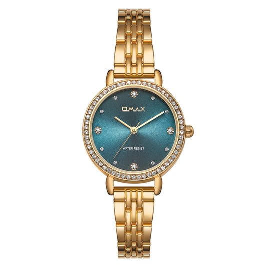 Omax Women’s Watch, Teal Dial With Crystal Bezel, Gold Stainless Steel Band, Water Resistant