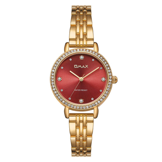 Omax Women’s Watch, Red Dial With Crystal Bezel, Gold Stainless Steel Band, Water Resistant